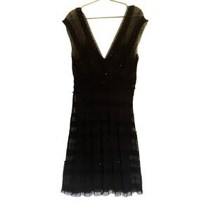 STUDIO M Black Sheer Sequin Tiered Ruffle V Neck Dress Women's Size L
